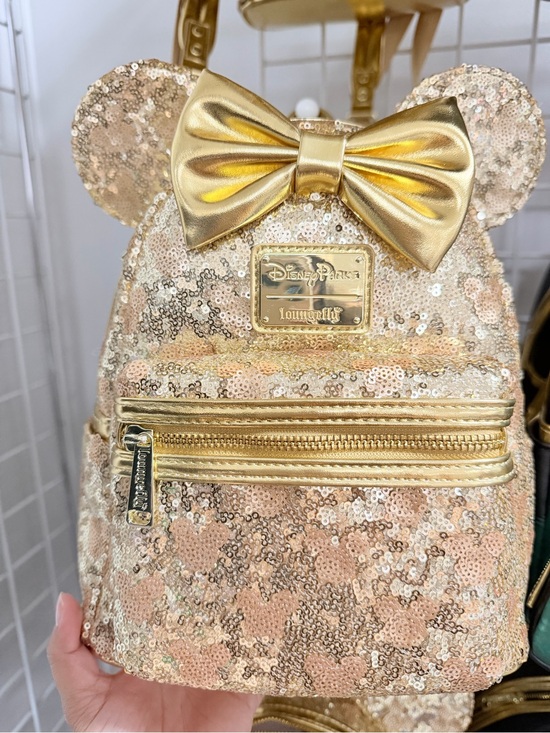 Loungefly Handbags - Loungefly Gold Sequin Minnie Ear Mini Backpack with Metallic Bow